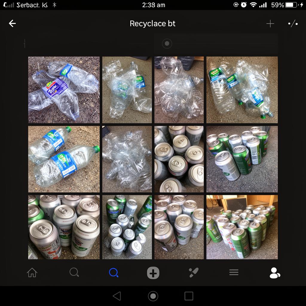 Grid of user-uploaded photos showing plastic bottles and cans