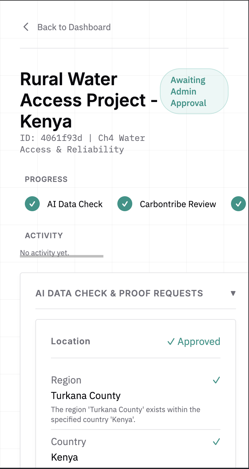Carbontribe mobile view of a Rural Water Access project in Kenya with progress tracking