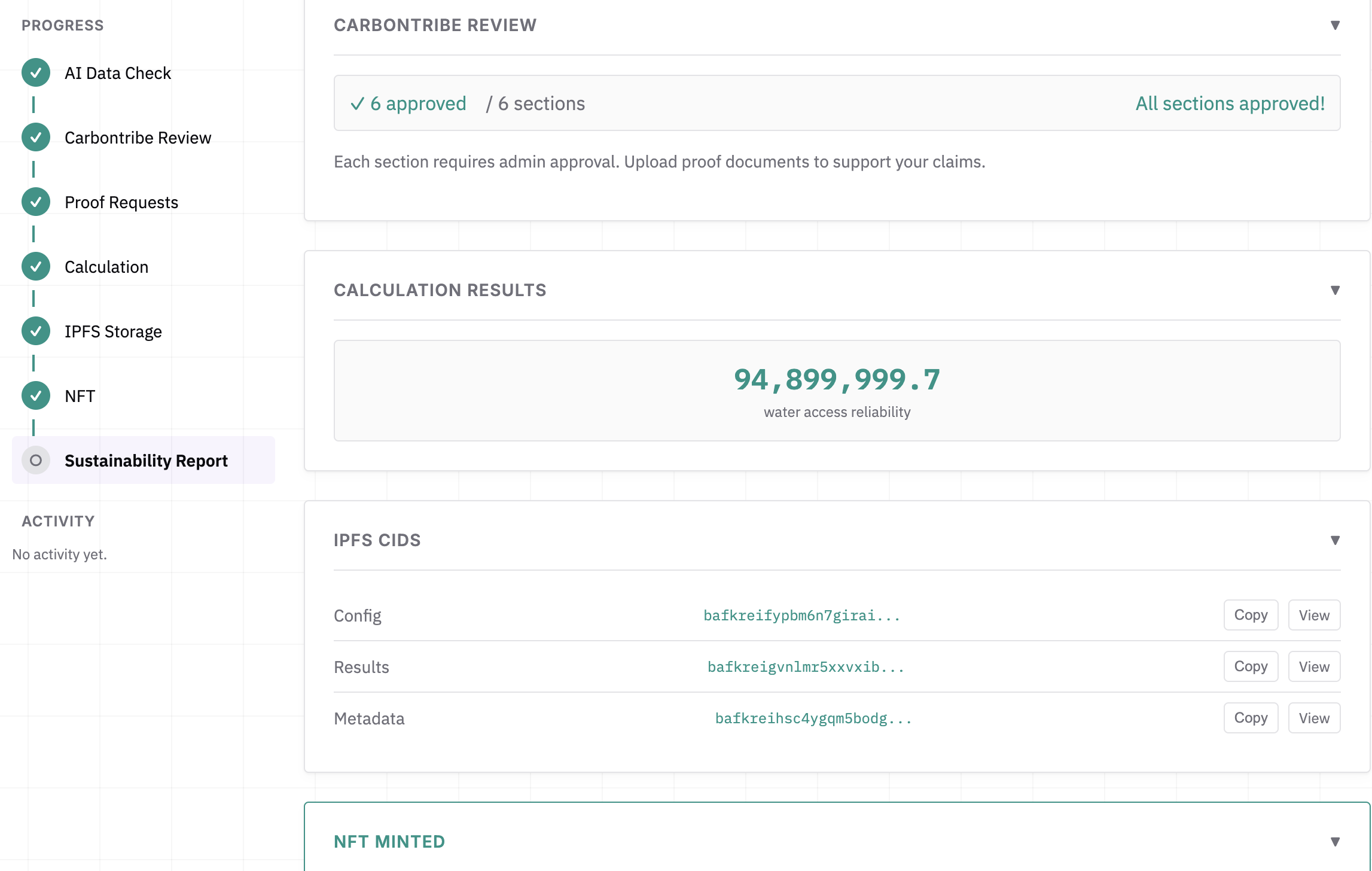 Carbontribe web dashboard showing project review, calculation results, and IPFS-linked impact data